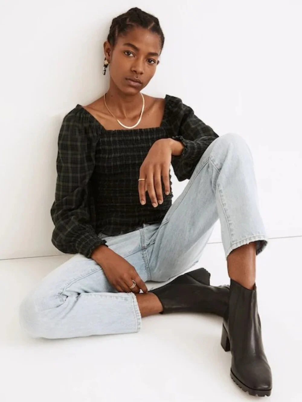 Madewell Lucie Bubble-Sleeve Smocked Top in 'Forest' Plaid - Size S